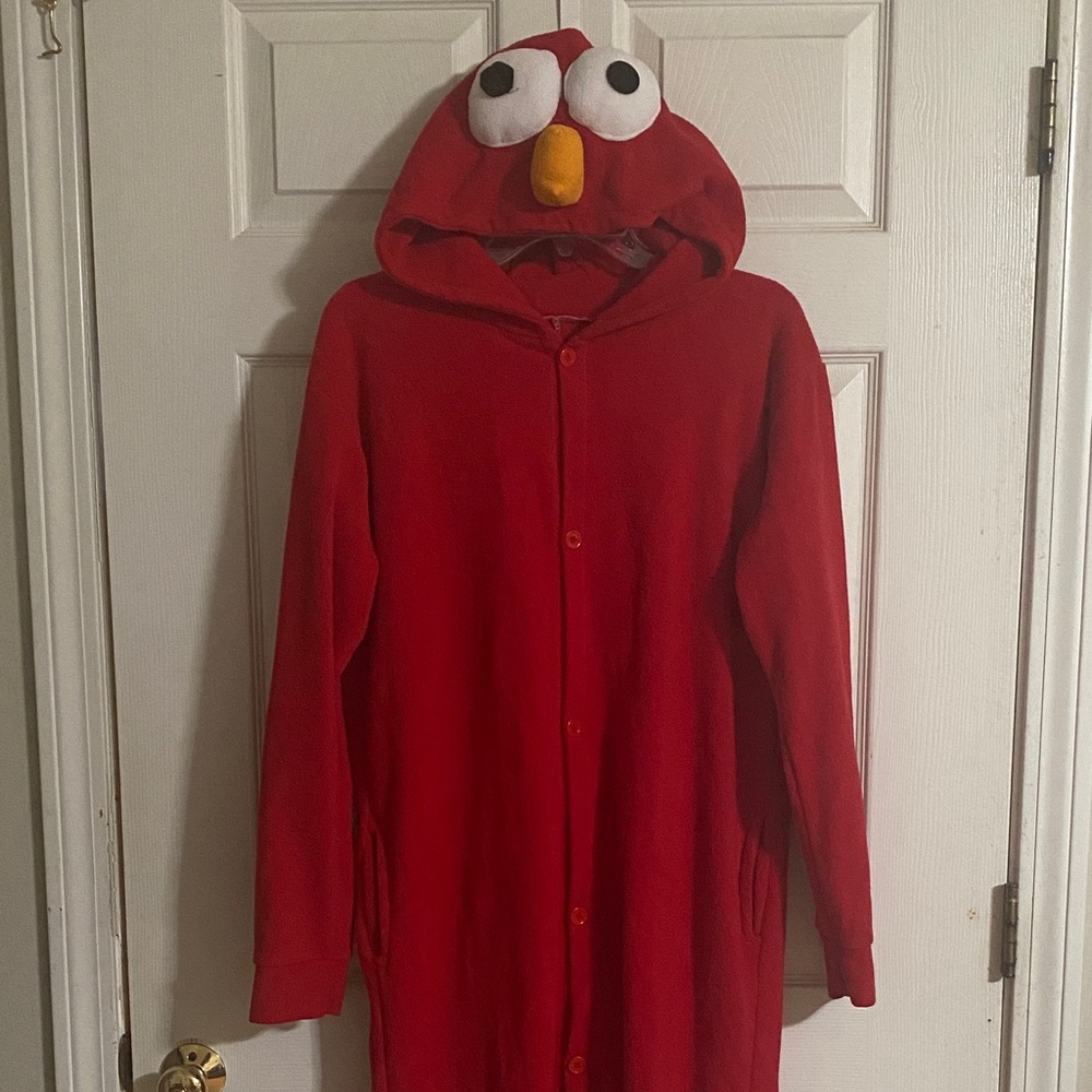 Red Character Hooded Onesie for Men - Plush Hood with Eyes and Nose